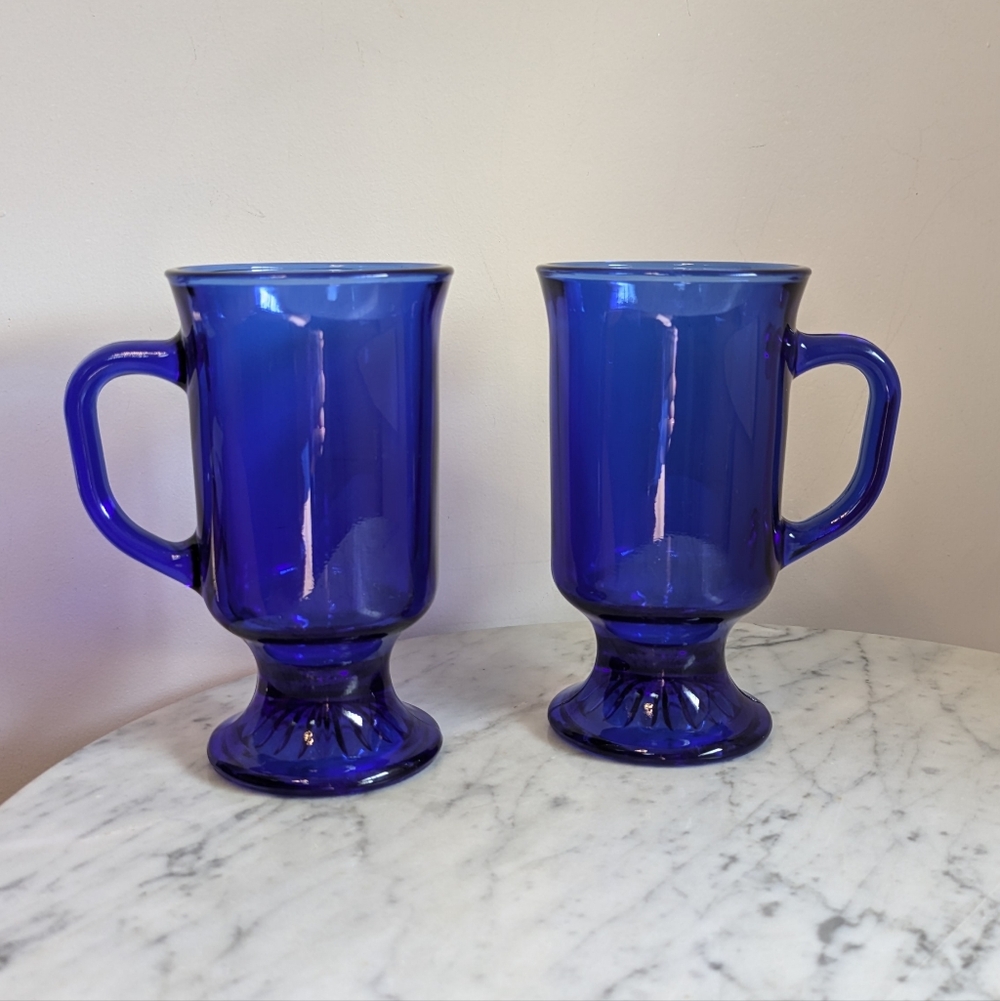 Anchor Hocking Vintage Cobalt Blue Irish Coffee 8oz Glass Pedestal Mugs